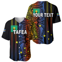 Black baseball jersey with colorful tribal print, Tafea and stars on front