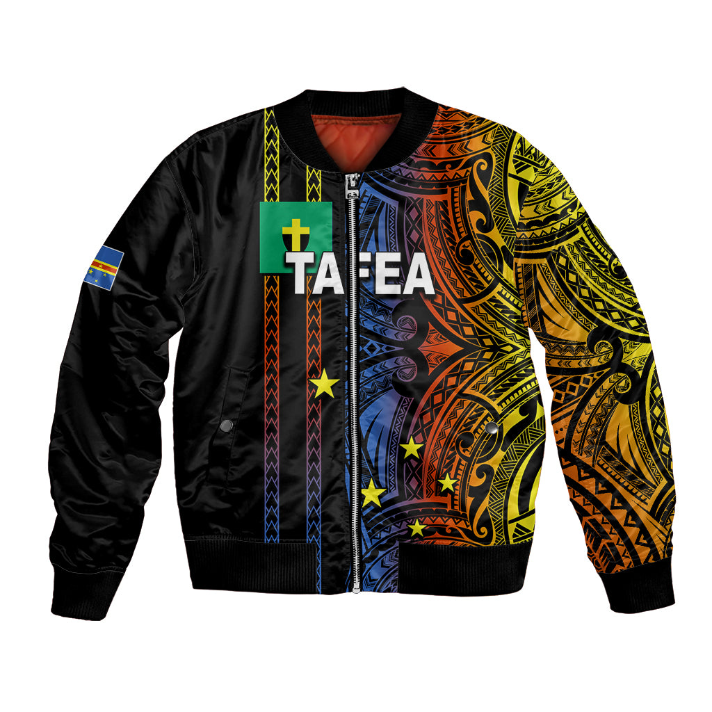 Black bomber jacket with colorful Polynesian-style tribal graphic on front and sleeves