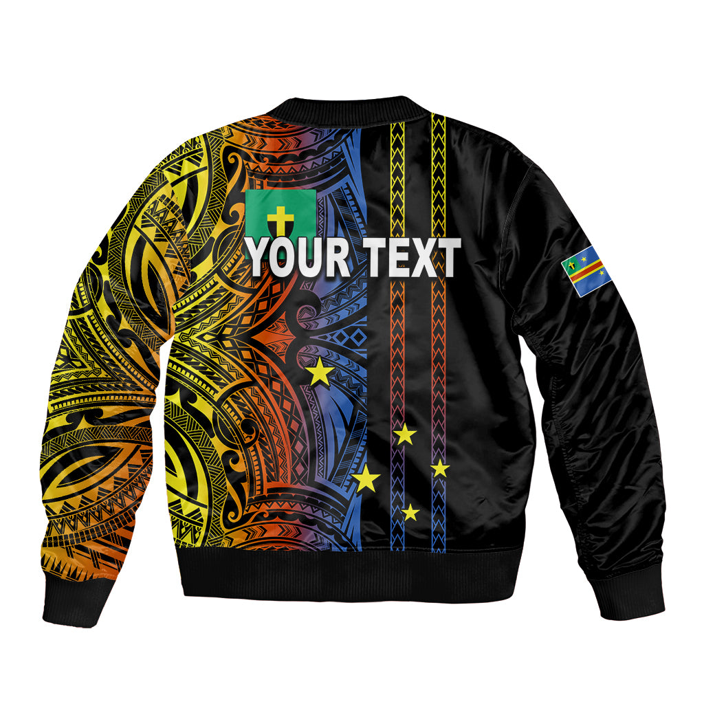 Black bomber jacket with 'YOUR TEXT' print and colorful tribal pattern on front