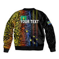 Black bomber jacket with 'YOUR TEXT' print and colorful tribal pattern on front