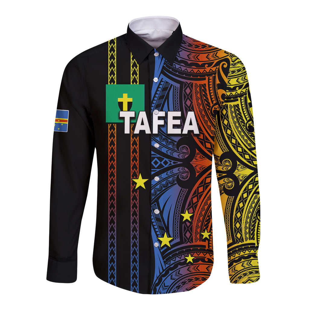Black long sleeve button shirt with colorful Polynesian tribal print and Tafea text panel