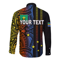 Black long sleeve button shirt with colorful tribal print and YOUR TEXT graphic on back