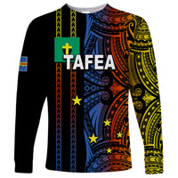 Unisex long-sleeve shirt with black sleeves and colorful Polynesian tribal print, TAFEA logo