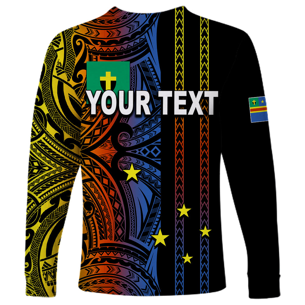 Unisex long-sleeve shirt with black sleeves and colorful tribal print, YOUR TEXT on back