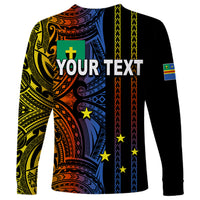Unisex long-sleeve shirt with black sleeves and colorful tribal print, YOUR TEXT on back