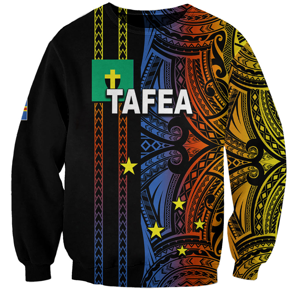 Unisex black sweatshirt with colorful Tafea tribal print on front and sleeves