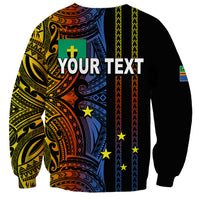 Unisex black sweatshirt with colorful Your Text tribal back print and patterned sleeves