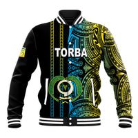 Black baseball jacket with colorful Polynesian tribal graphic, striped ribbed trim