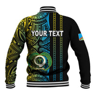 Black baseball jacket with 'YOUR TEXT' back print, colorful tribal pattern, striped ribbed hem
