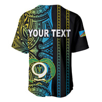 Black baseball jersey with green and blue tribal print, back and side sleeves, YOUR TEXT