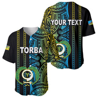 Black baseball jersey with green blue tribal print, TORBA front and YOUR TEXT back