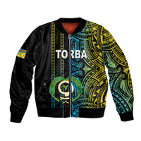 Black bomber jacket with colorful Polynesian tribal print, ribbed collar and zip front