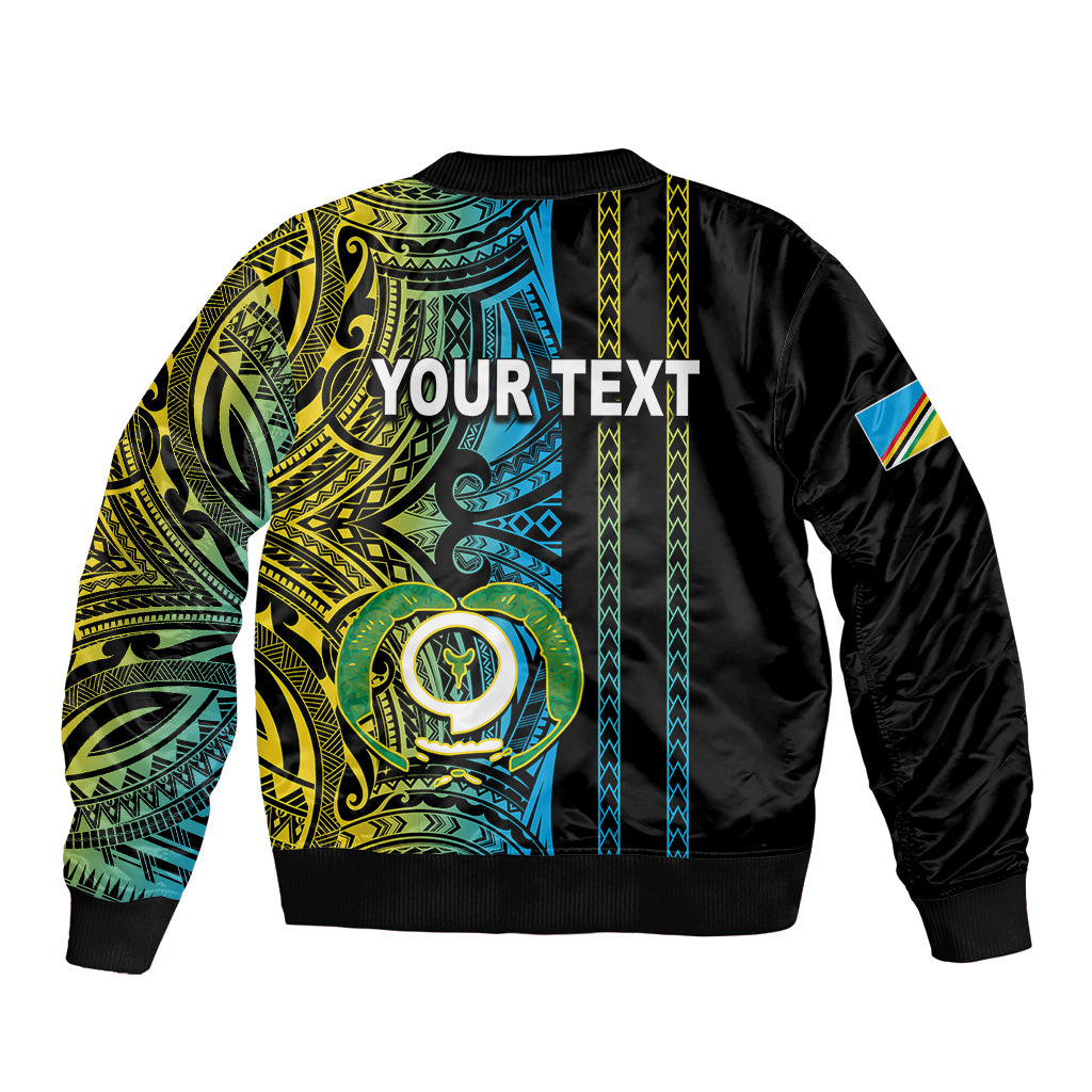 Black bomber jacket with bright Polynesian tribal back panel and ribbed cuffs