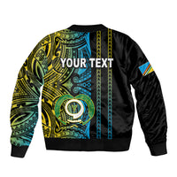 Black bomber jacket with bright Polynesian tribal back panel and ribbed cuffs