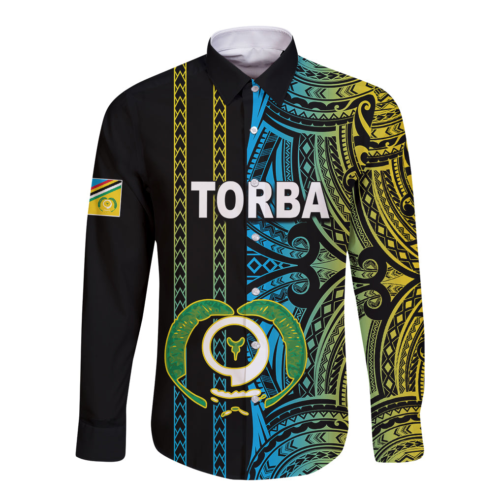 Black long-sleeve button shirt with colorful tribal print and TORBA front graphic