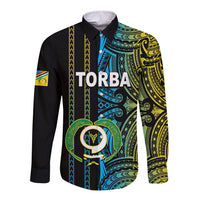 Black long-sleeve button shirt with colorful tribal print and TORBA front graphic