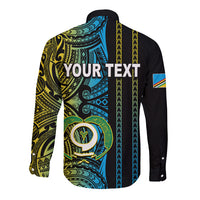 Black long-sleeve button shirt with colorful tribal print, YOUR TEXT back graphic