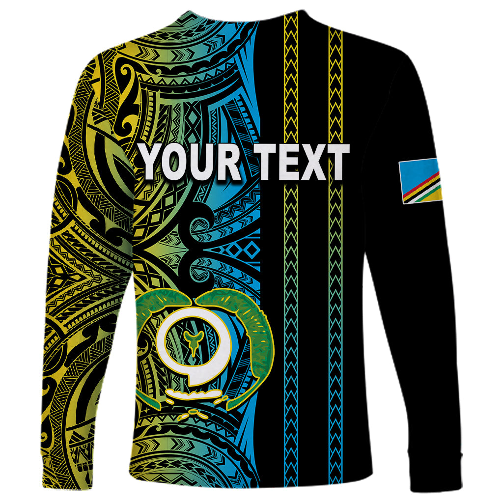 Unisex long sleeve shirt with black sleeves and blue-green Polynesian tribal print, YOUR TEXT