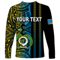 Unisex long sleeve shirt with black sleeves and blue-green Polynesian tribal print, YOUR TEXT