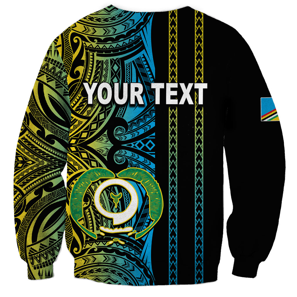 Black unisex sweatshirt with colorful Polynesian tribal print and large 'YOUR TEXT' graphic