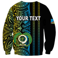 Black unisex sweatshirt with colorful Polynesian tribal print and large 'YOUR TEXT' graphic