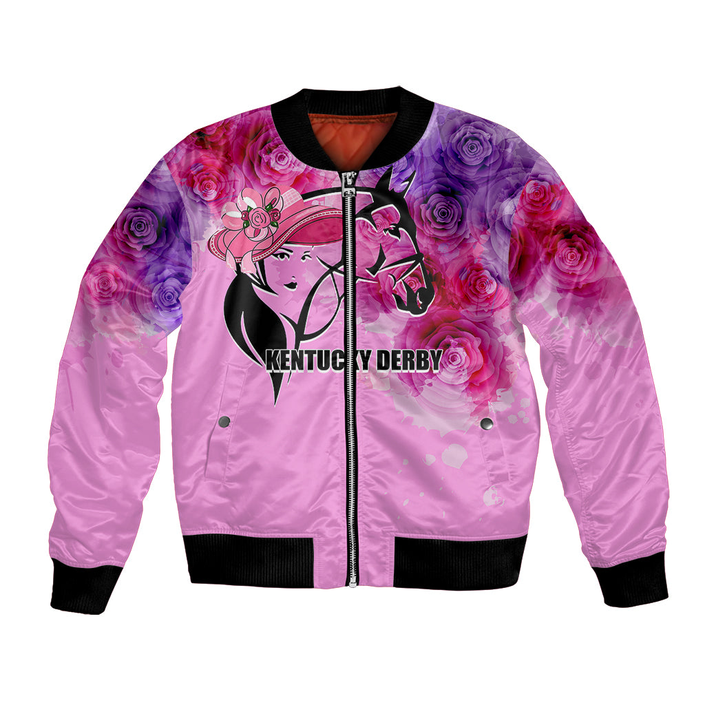 Pink satin bomber jacket with black ribbed collar, full-zip front, rose graphic