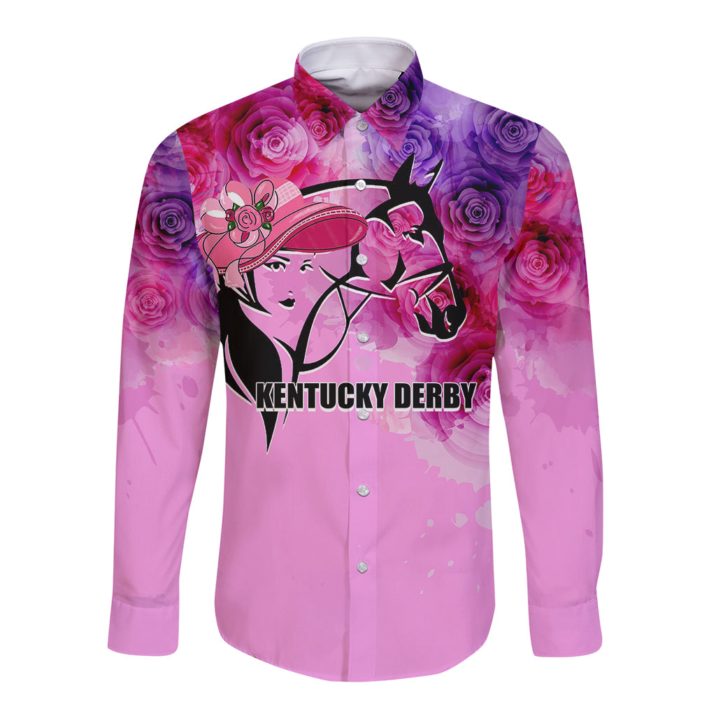 Long-sleeve button shirt in pink with purple rose and horse head graphic, front view
