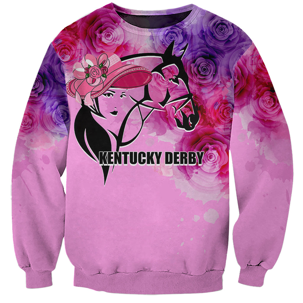 Pink sweatshirt with horse rider graphic, roses, and Kentucky Derby lettering