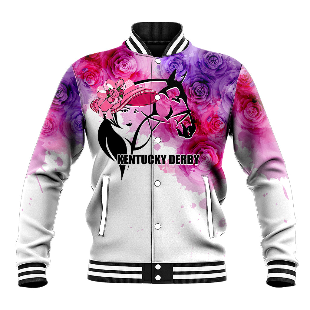 Baseball jacket with floral horse racing graphic, button front, striped cuffs and collar