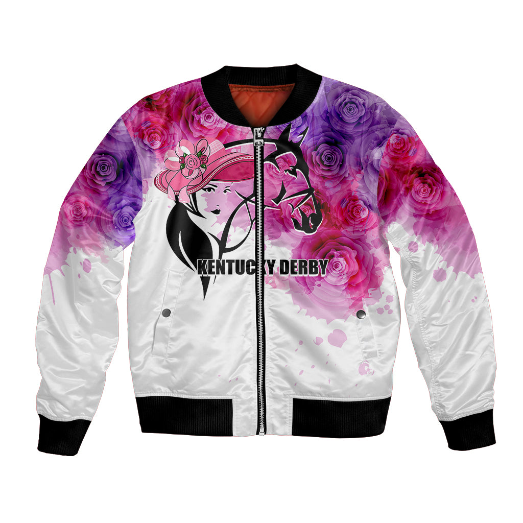 White satin bomber jacket with floral roses and graphic derby girl, front zipper.
