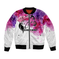 White satin bomber jacket with floral roses and graphic derby girl, front zipper.