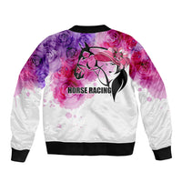 White satin bomber jacket with roses and derby girl graphic, back view, ribbed hem.