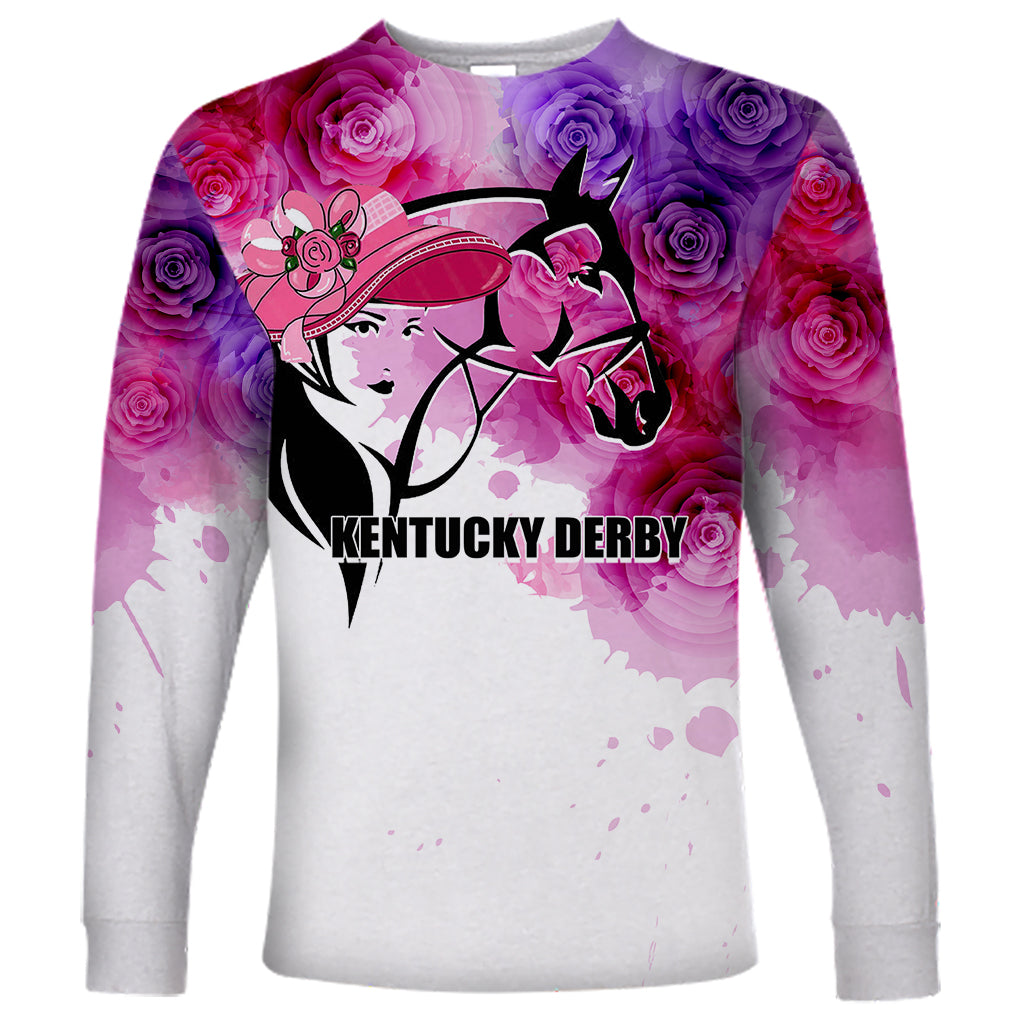 Long-sleeve shirt with purple and pink floral horse racing graphic, white body
