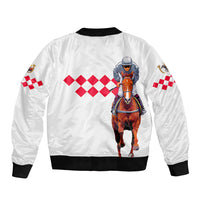 White bomber jacket with horse rider graphic and red diamond checkers, black rib hem and cuffs