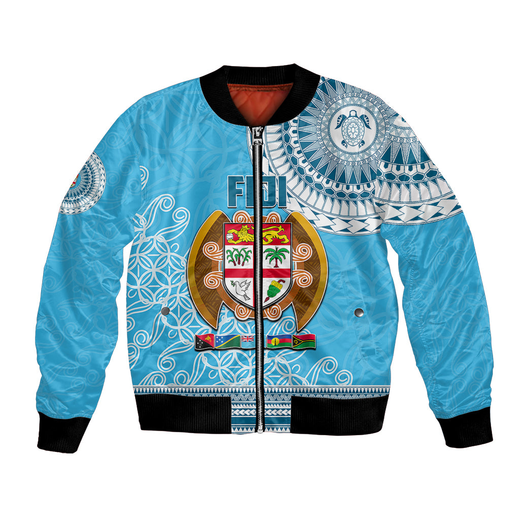 Blue bomber jacket with black ribbed trim, zip front, and colorful festival crest artwork