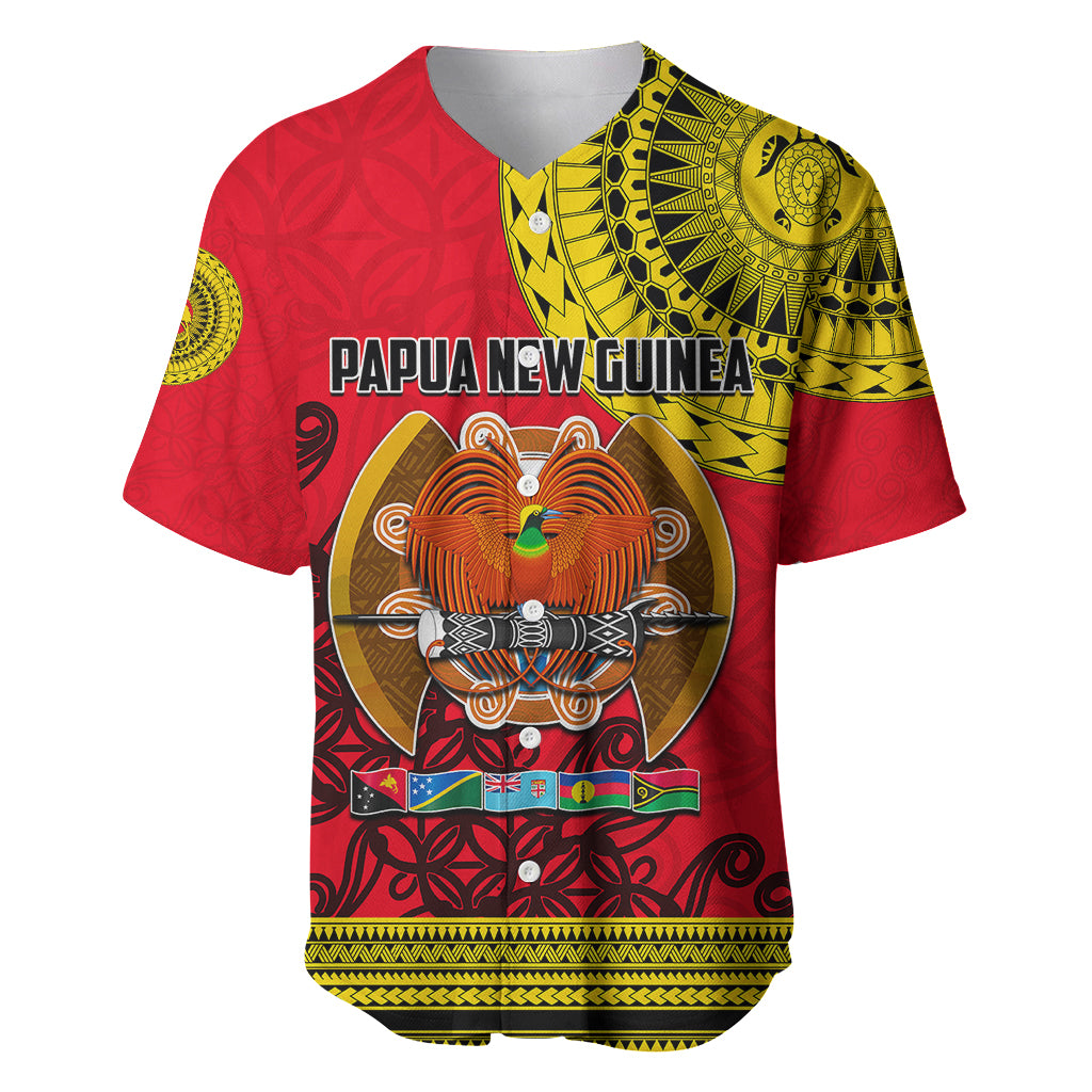 Red baseball jersey with bold tribal festival graphic, gold trim, and patterned sleeves