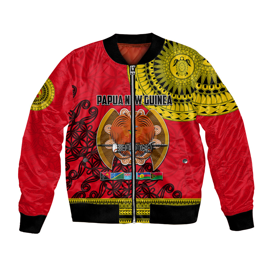 Red bomber jacket with black collar and zip, bold gold and black Melanesian motifs
