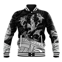Black baseball jacket with Polynesian shark print, ribbed collar, striped cuffs, button front