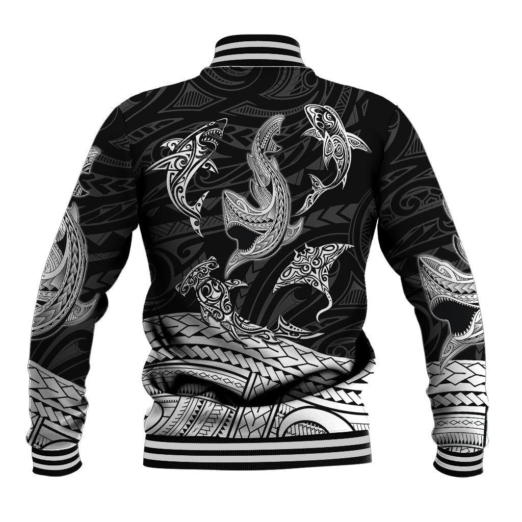 Black baseball jacket back view with large shark tattoo graphic and striped ribbed hem