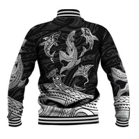 Black baseball jacket back view with large shark tattoo graphic and striped ribbed hem
