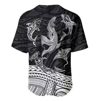 Black polynesian baseball jersey with large white shark graphic and tribal patterns