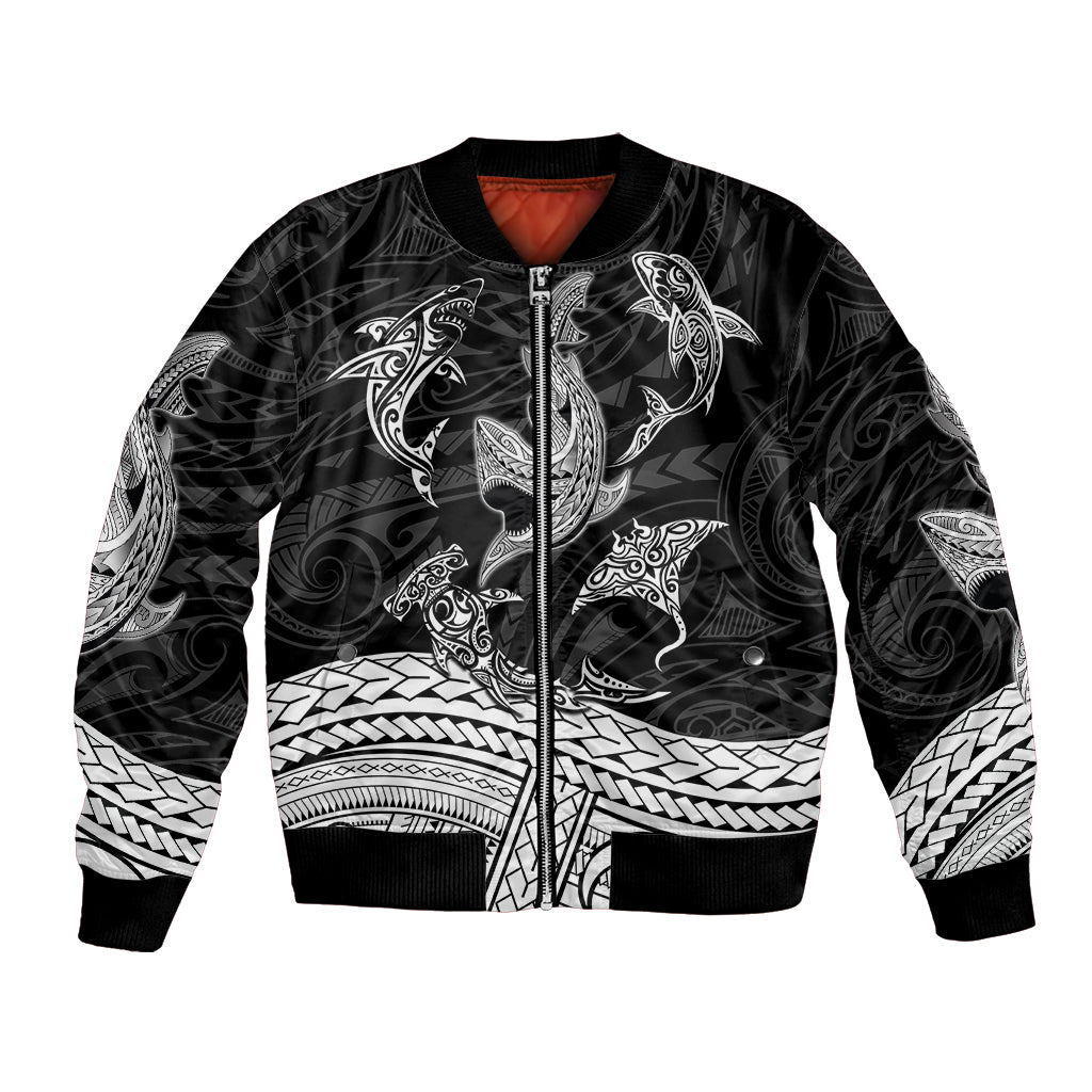 Black bomber jacket with white Polynesian shark tribal tattoo and front zipper