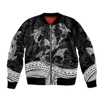Black bomber jacket with white Polynesian shark tribal tattoo and front zipper