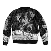 Black bomber jacket with white Polynesian shark tribal tattoo graphic, ribbed hem