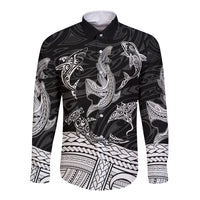 Black long-sleeve button shirt with tribal shark print and pointed collar