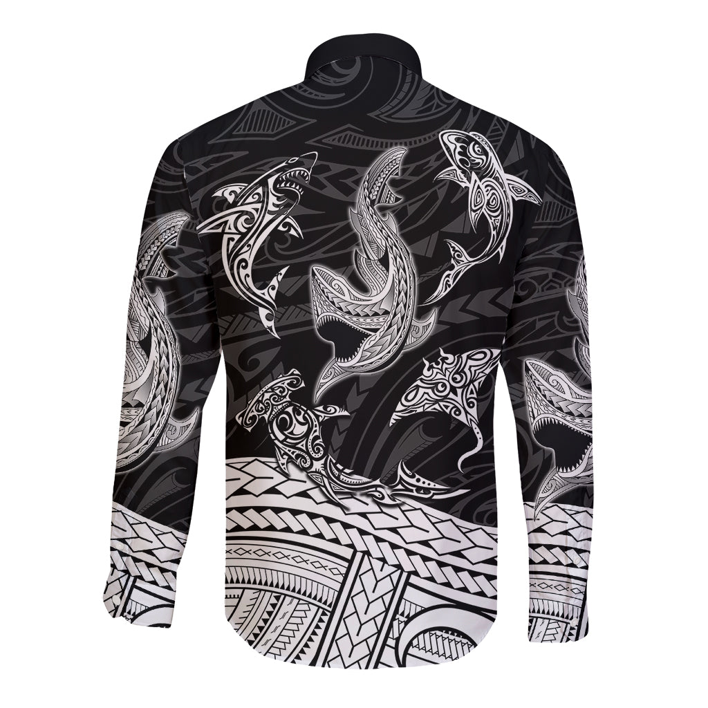 Back of black long-sleeve button shirt with tribal shark print