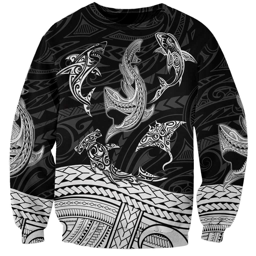 Crewneck sweatshirt with black-and-white shark tribal tattoo print