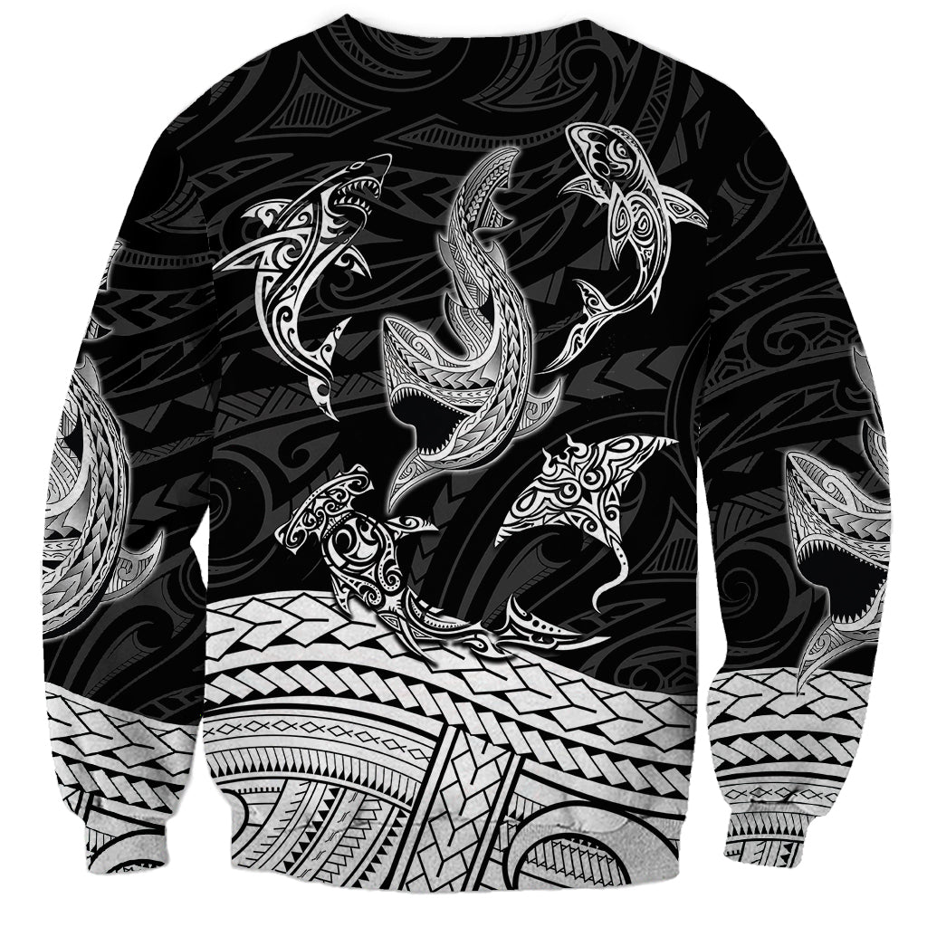 Crewneck sweatshirt with black-and-white shark tribal print and patterned sleeves