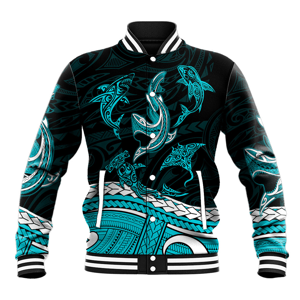Green baseball jacket with turquoise shark and Polynesian tribal tattoo print, striped collar