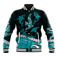 Green baseball jacket with turquoise shark and Polynesian tribal tattoo print, striped collar
